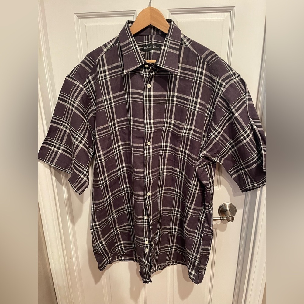 Bullock and Jones 100% Linen Classic Black and White Plaid Men's Shirt XL